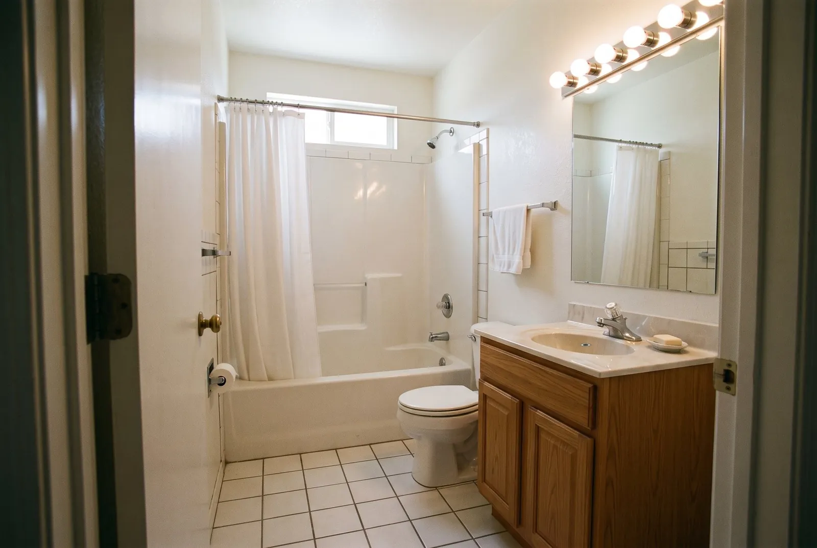 A dated early 1990s hall bathroom with a one-piece fiberglass tub unit, an oak vanity and a strip of round light bulbs