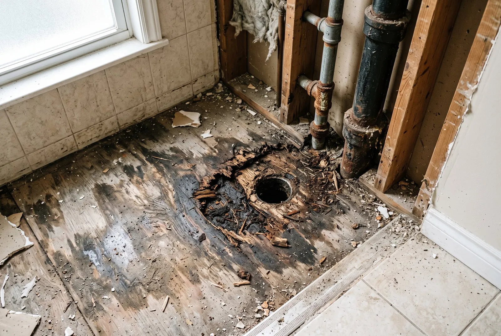 A bathroom floor with dark water-stained plywood where a tub was removed, and an old rusted pipe in the open wall