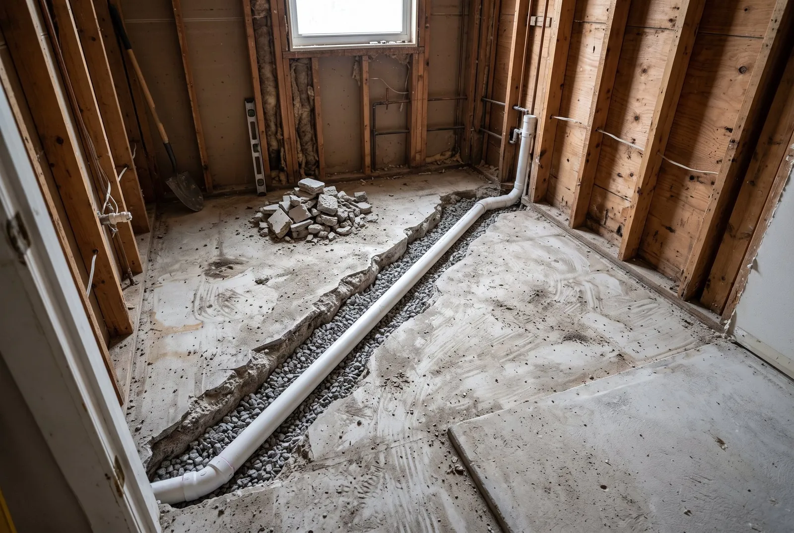 A gutted bathroom on a concrete slab with a trench cut across the floor and a new white drain pipe laid in it