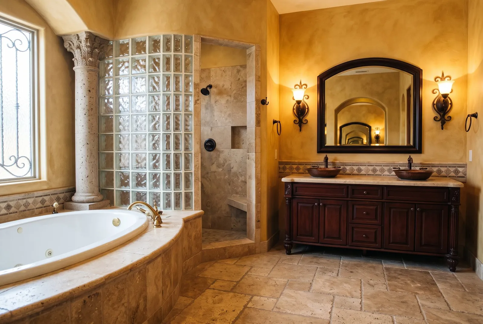 An early 2000s primary bathroom in travertine with a jetted tub set on a raised deck