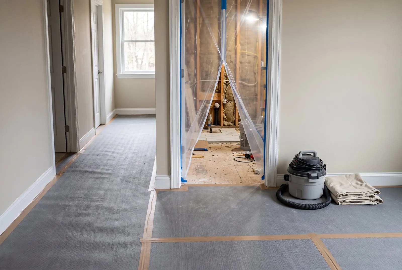 A home hallway with protective floor board leading to a bathroom doorway sealed with plastic sheeting