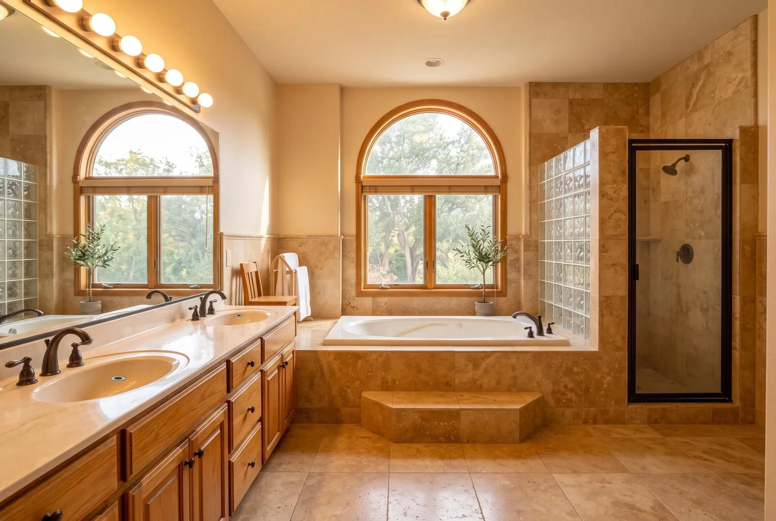 A dated early 2000s primary bathroom in travertine, with a jetted tub on a raised deck under an arched window and a glass block shower