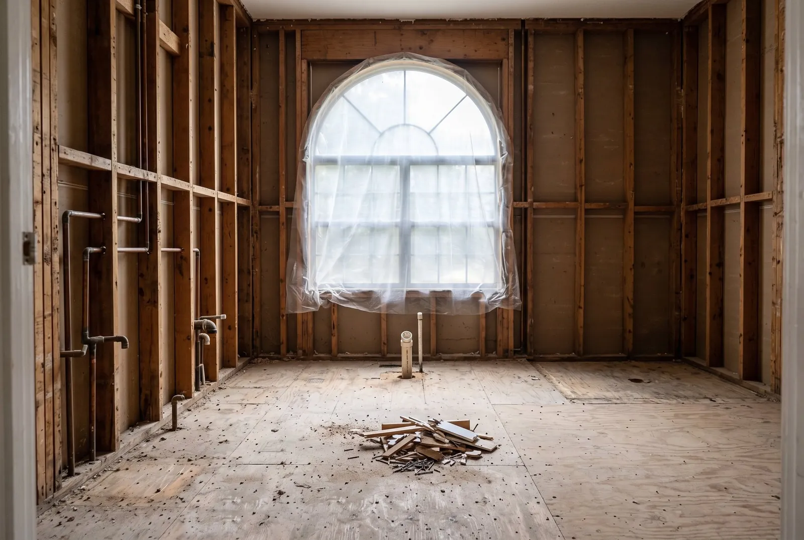 A large bathroom stripped to bare studs and plywood subfloor, with the arched window covered in plastic