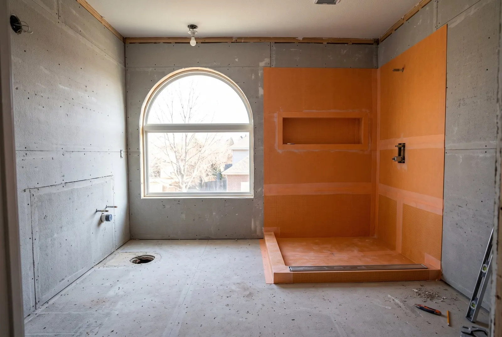 Shower walls and floor covered in orange waterproof membrane with a long linear drain channel along the back