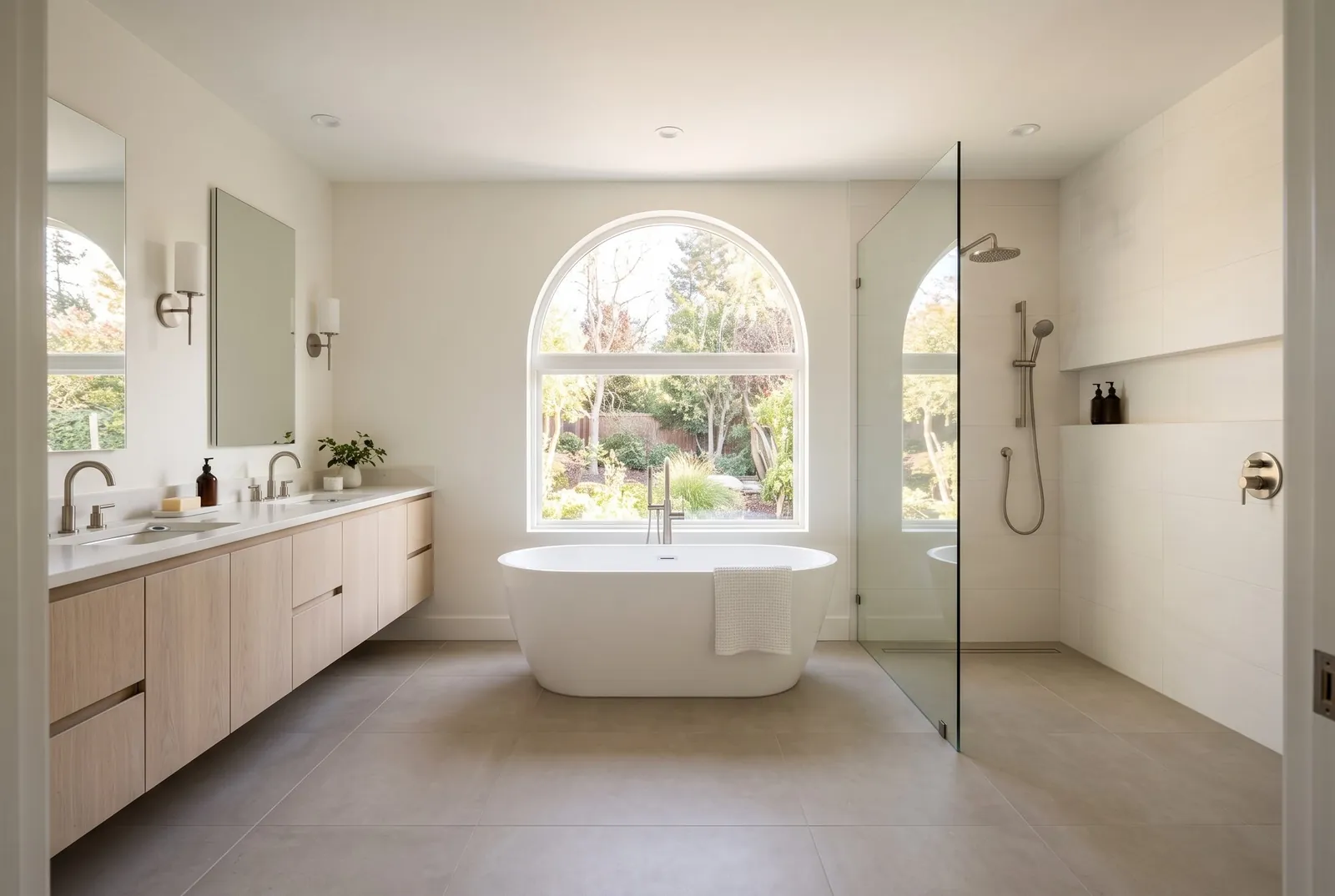A finished bathroom with a freestanding white tub under an arched window, a walk-in shower behind clear glass and a white oak double vanity