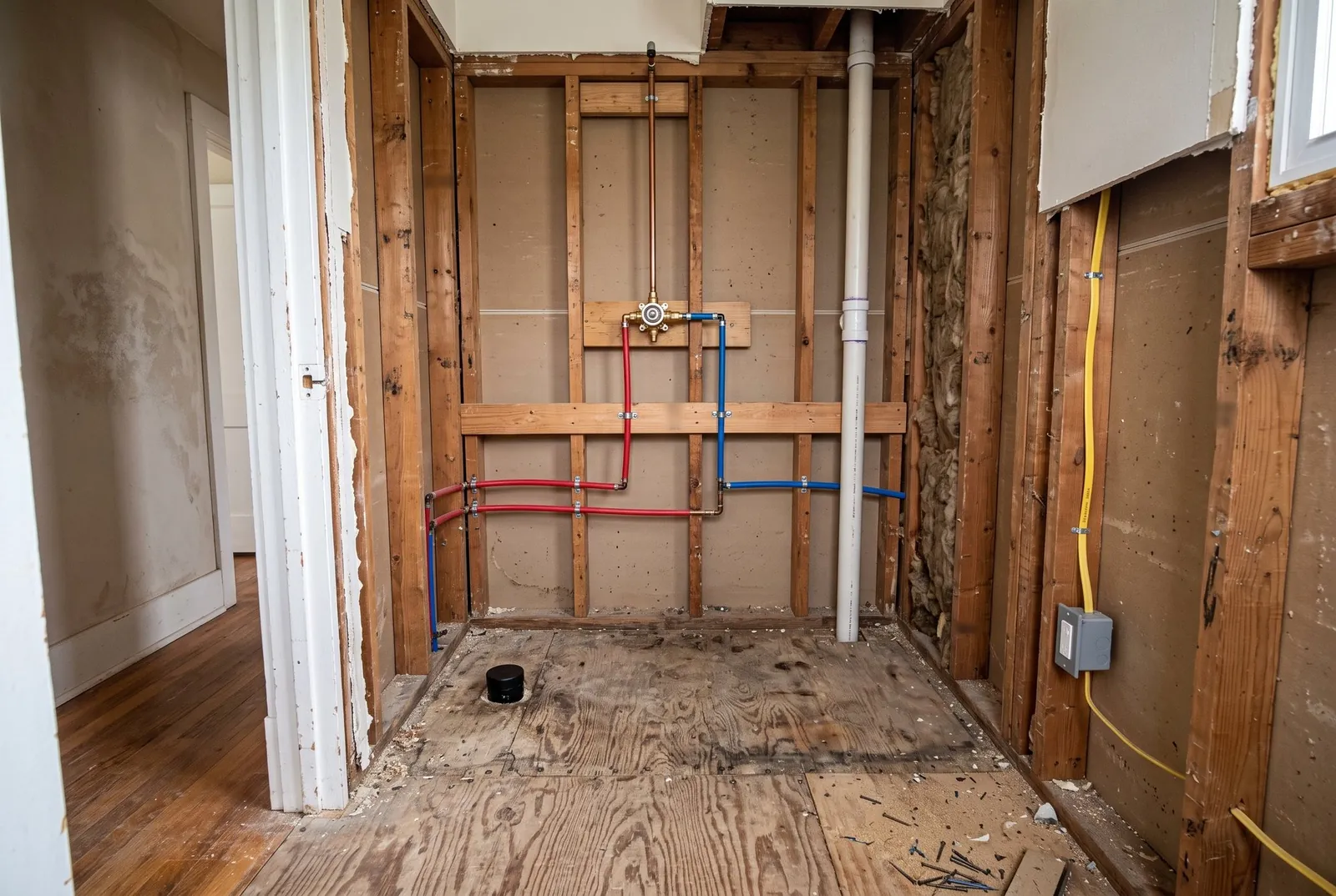 A small bathroom opened to the studs with new water lines, a shower valve and a vent pipe exposed