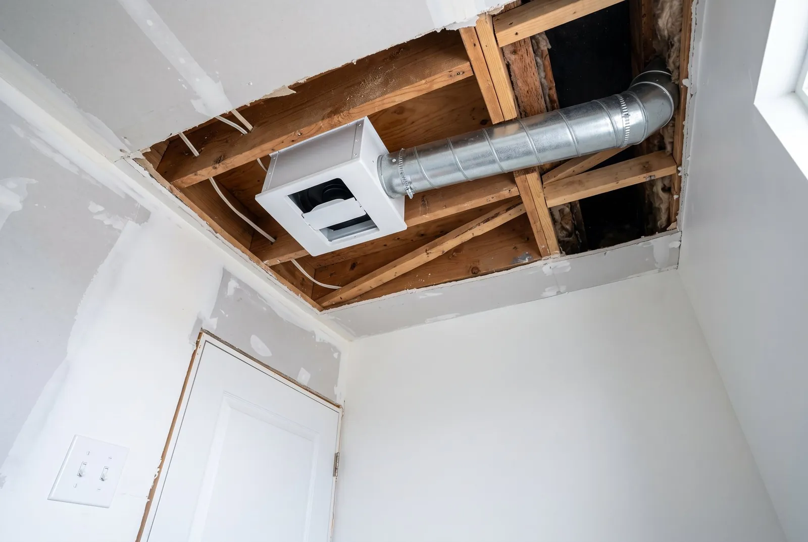 A bathroom ceiling opened between joists with a new exhaust fan and a metal duct running to the outside wall