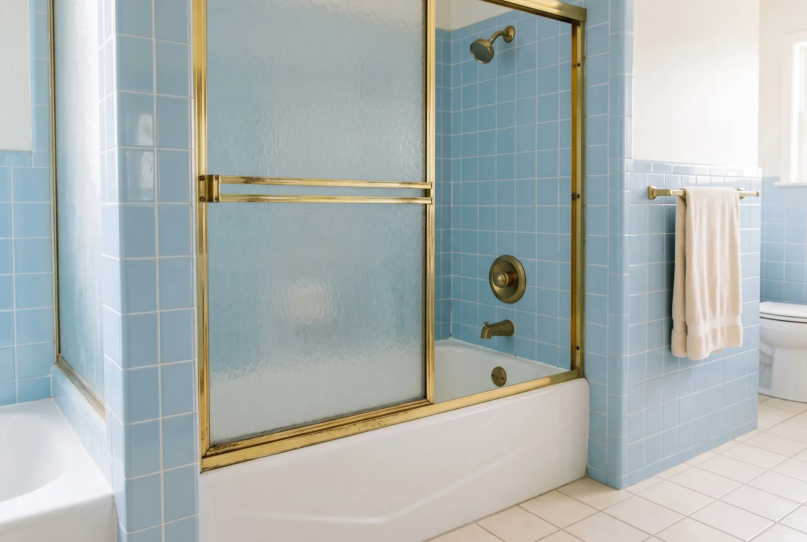 A dated 1980s tub alcove with pale blue square tile and a framed sliding glass door with brass trim