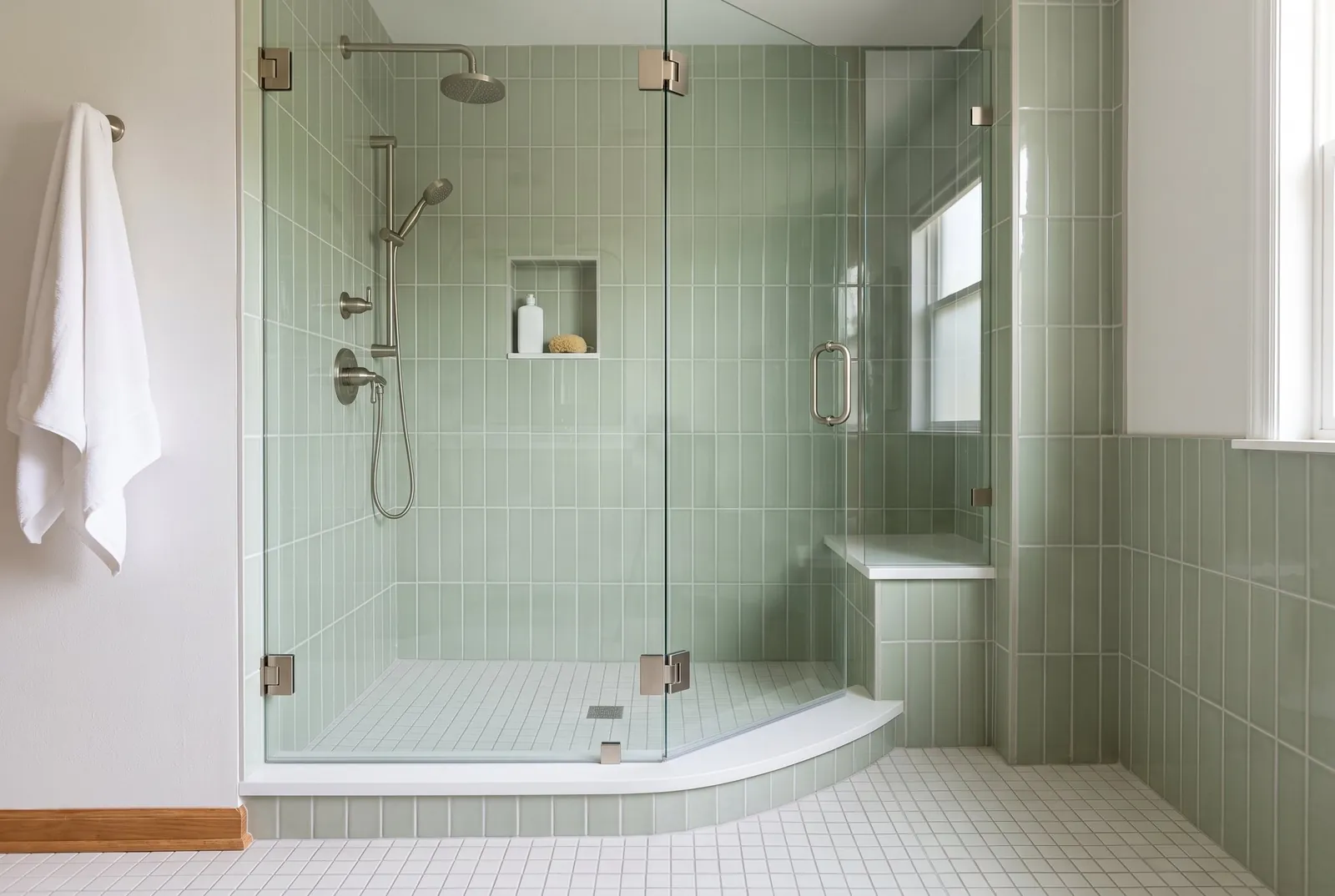 A walk-in shower built in a former tub alcove, with sage green tile, a bench, a niche and a frameless glass door
