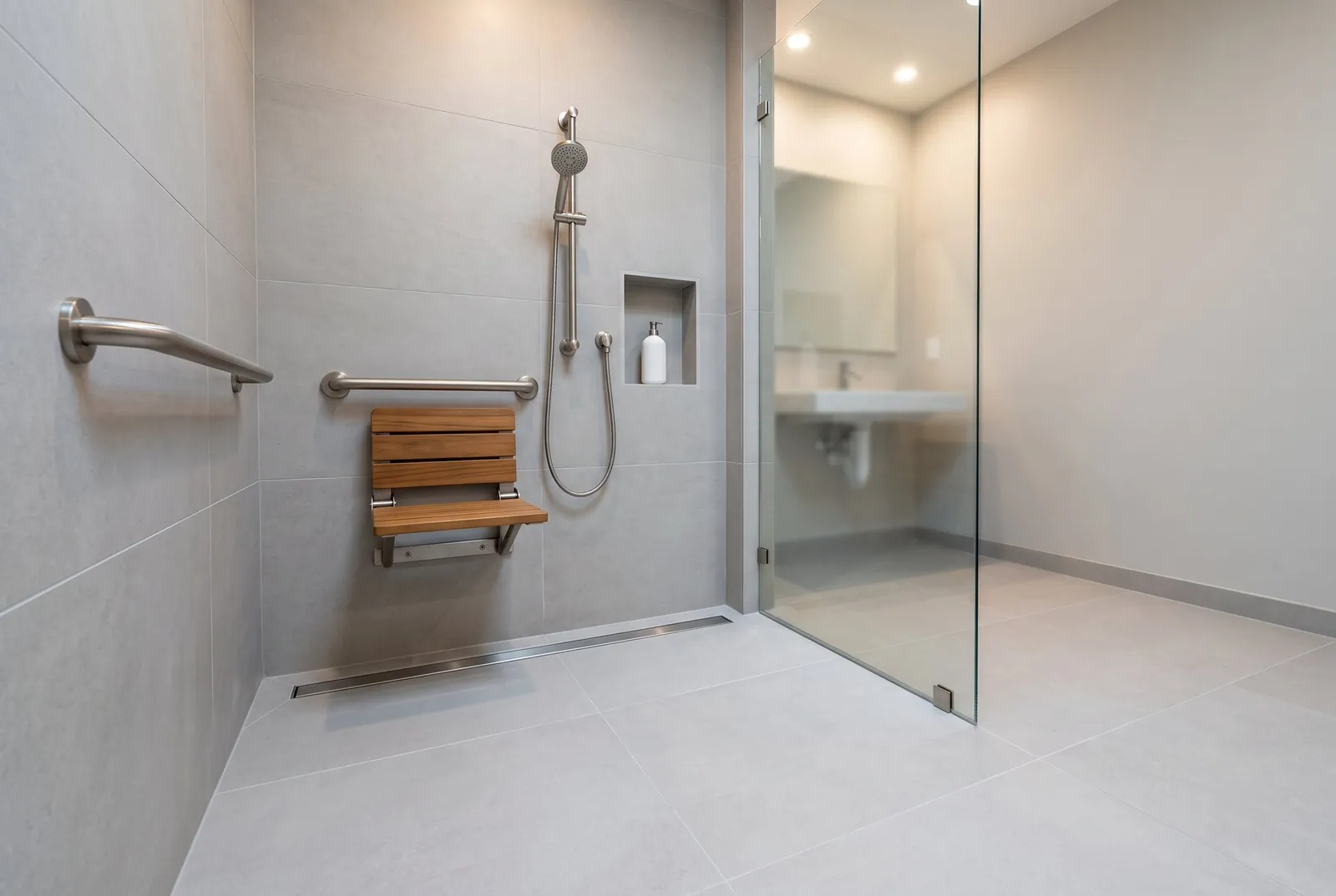 A curbless shower with a fold-down seat, grab bars, a hand shower on a slide bar and a linear drain