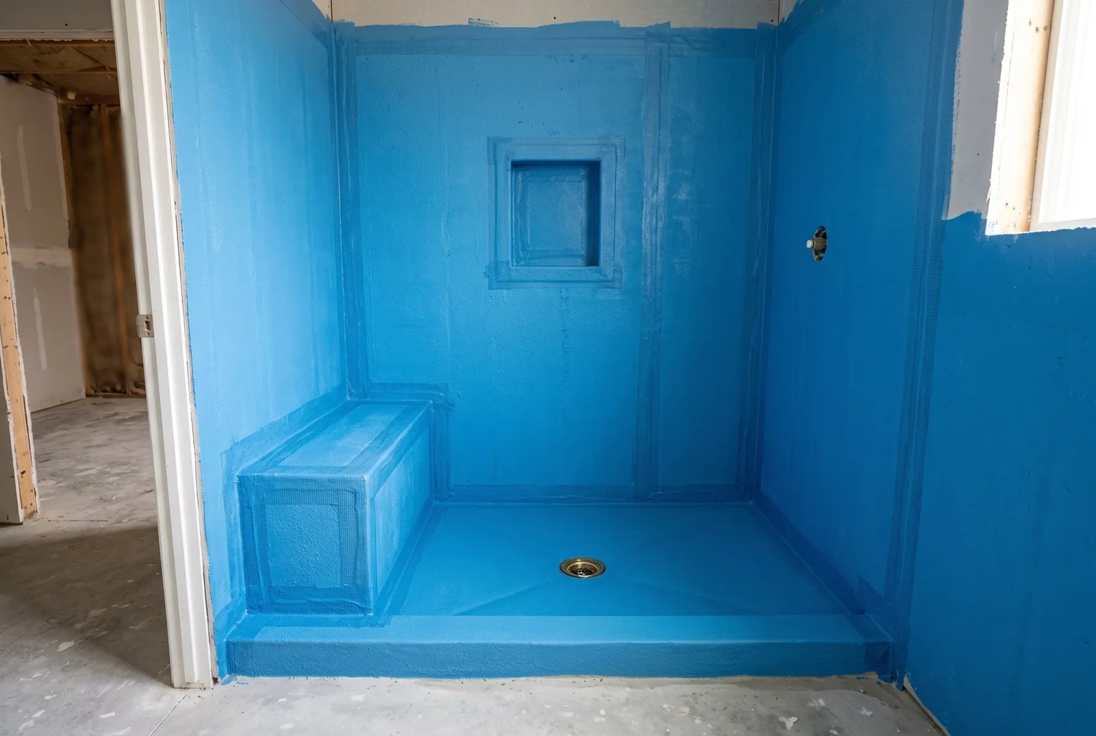 A shower under construction with walls, a bench and a niche coated in blue liquid waterproofing