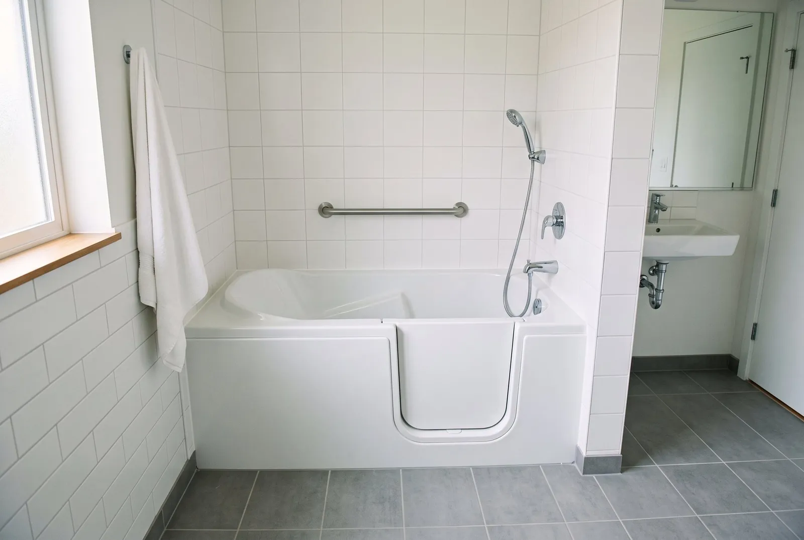 A white walk-in bathtub with a low side door, a built-in seat and a grab bar